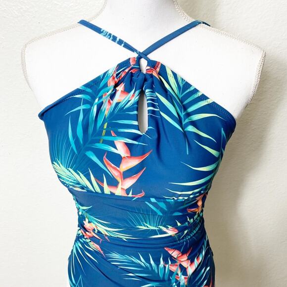 CUPSHE Teal Floral Cutout Halter One Piece Women Swimsuit Size Small NEW - Picture 2 of 6
